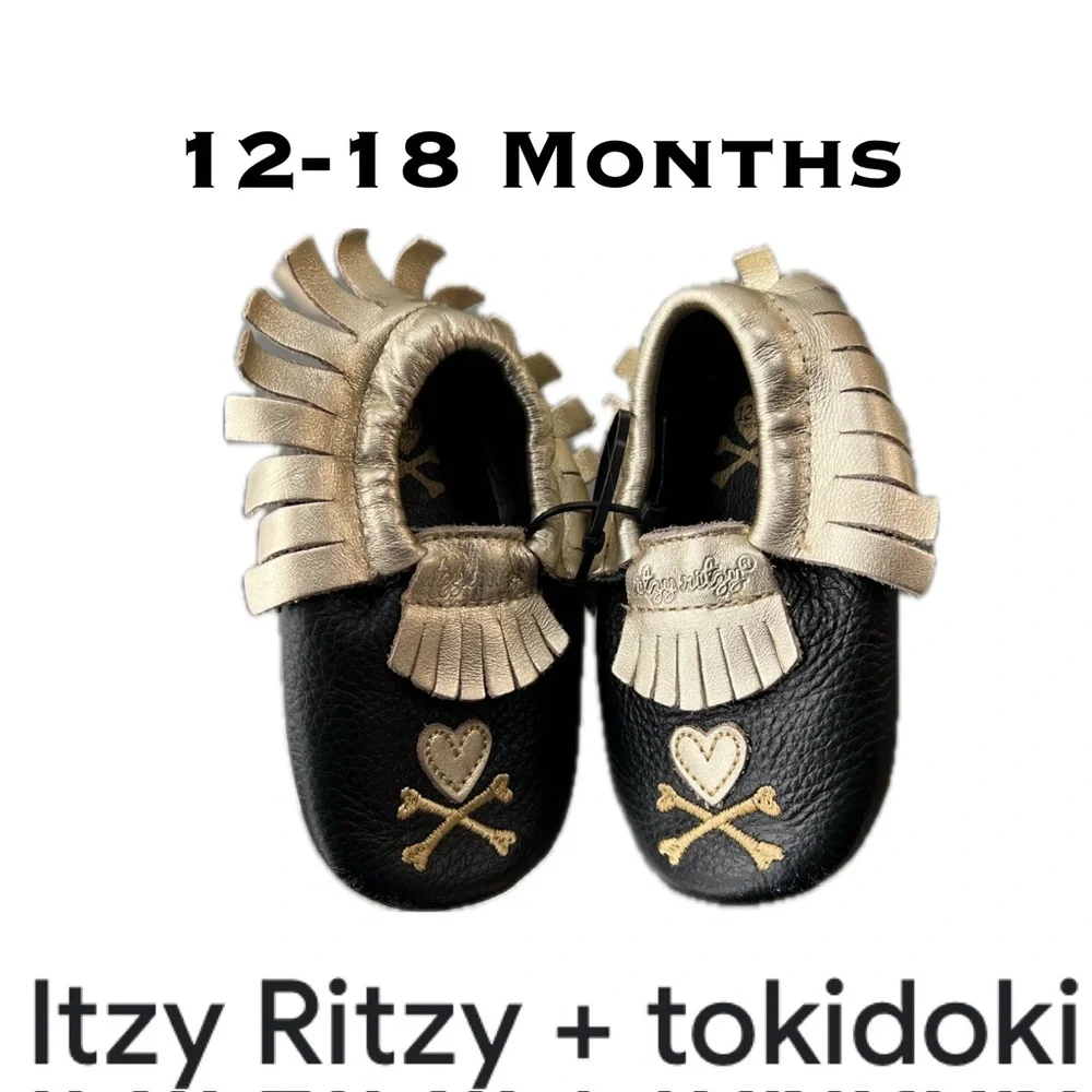 ☠️💛New Itzy Ritzy+Tokidoki Moc Happens Hearts & Cross Bones Baby Moccasins/Shoes - Picture 1 of 17